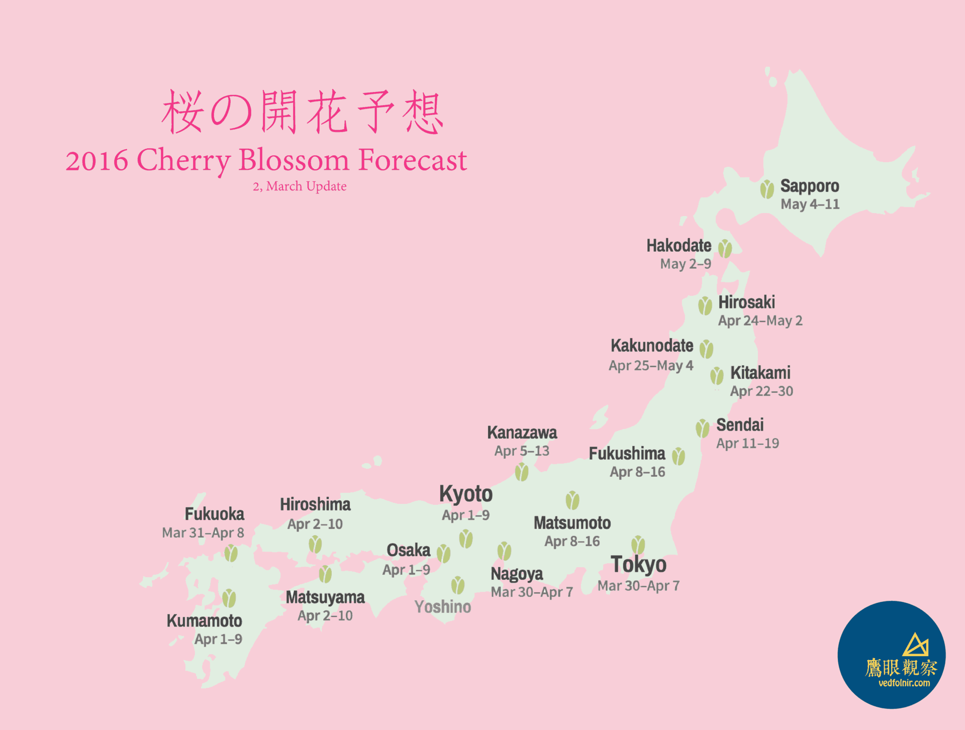 日本櫻花季 2016 滿櫻時間表地圖