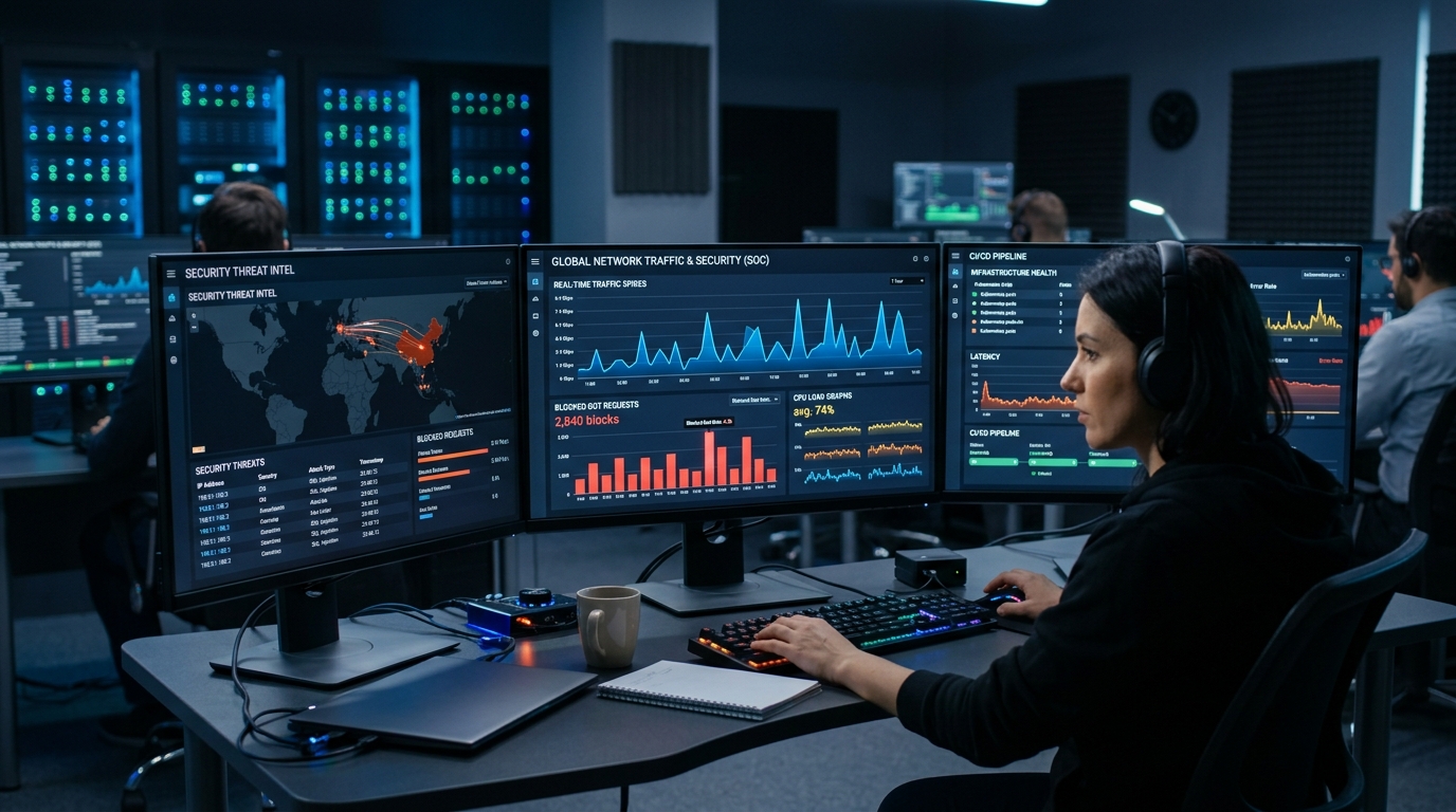 Server monitoring dashboard analyzing high-frequency bot traffic and abnormal CPU load curves