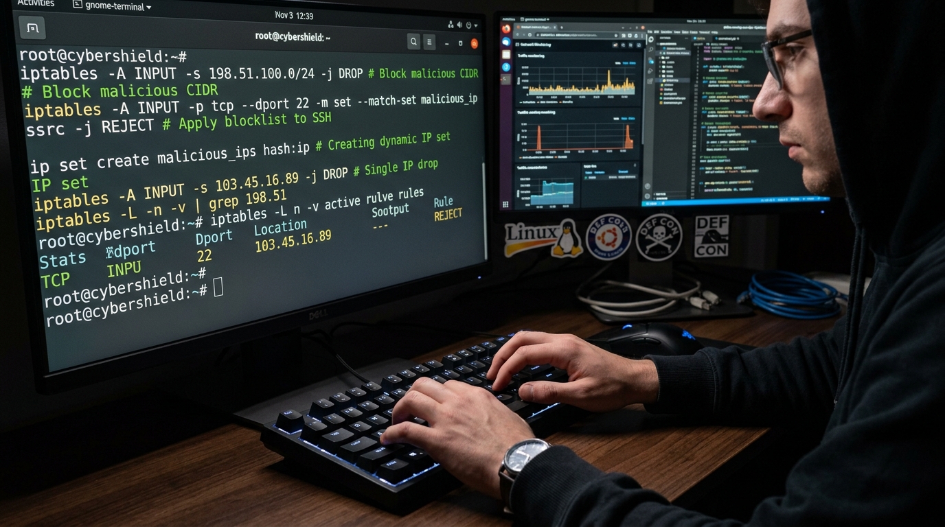 Systems engineer configuring Linux firewall rules and IP blocklists in terminal