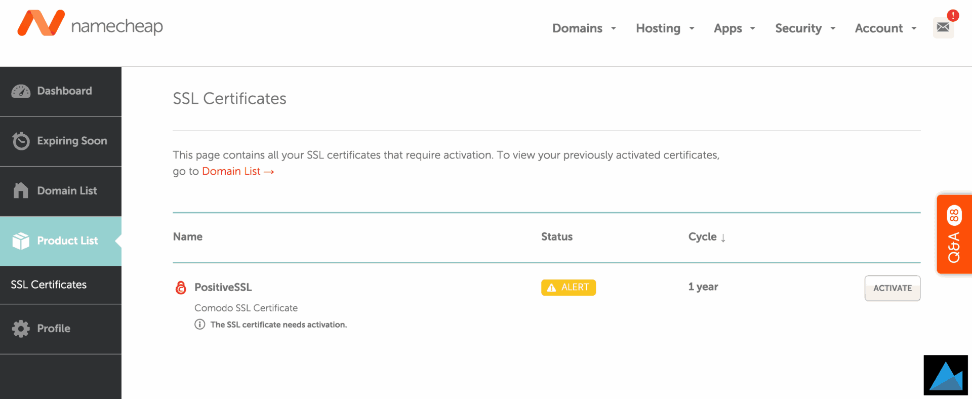 NameCheap-SSL-Certificate-Manage-Product-List