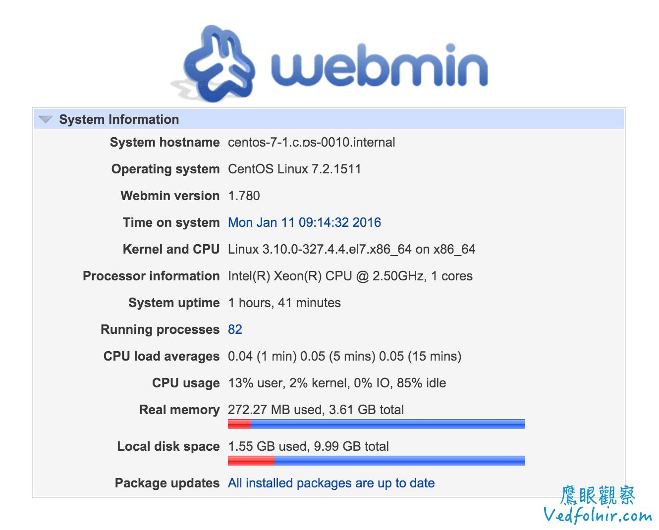 圖一，Webmin 系統資訊。