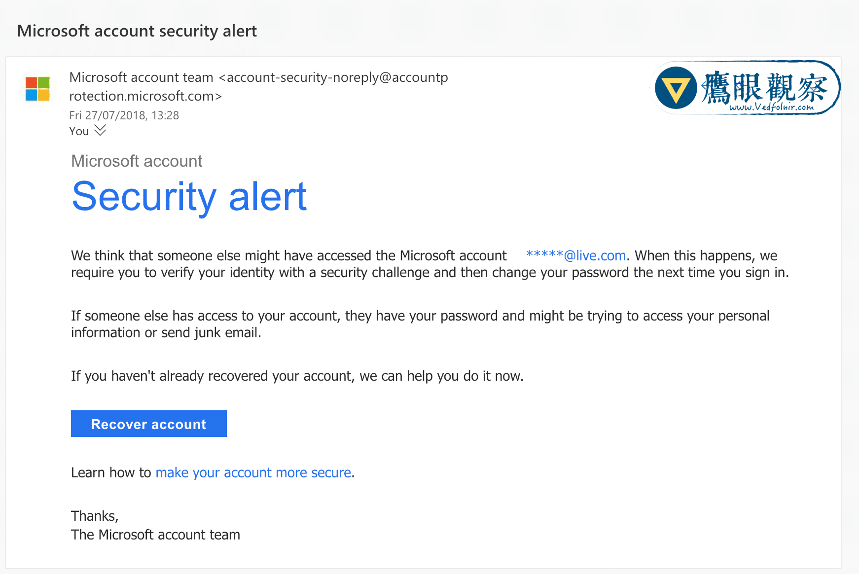微軟 Microsoft Live 帳號疑似被入侵警告信。
