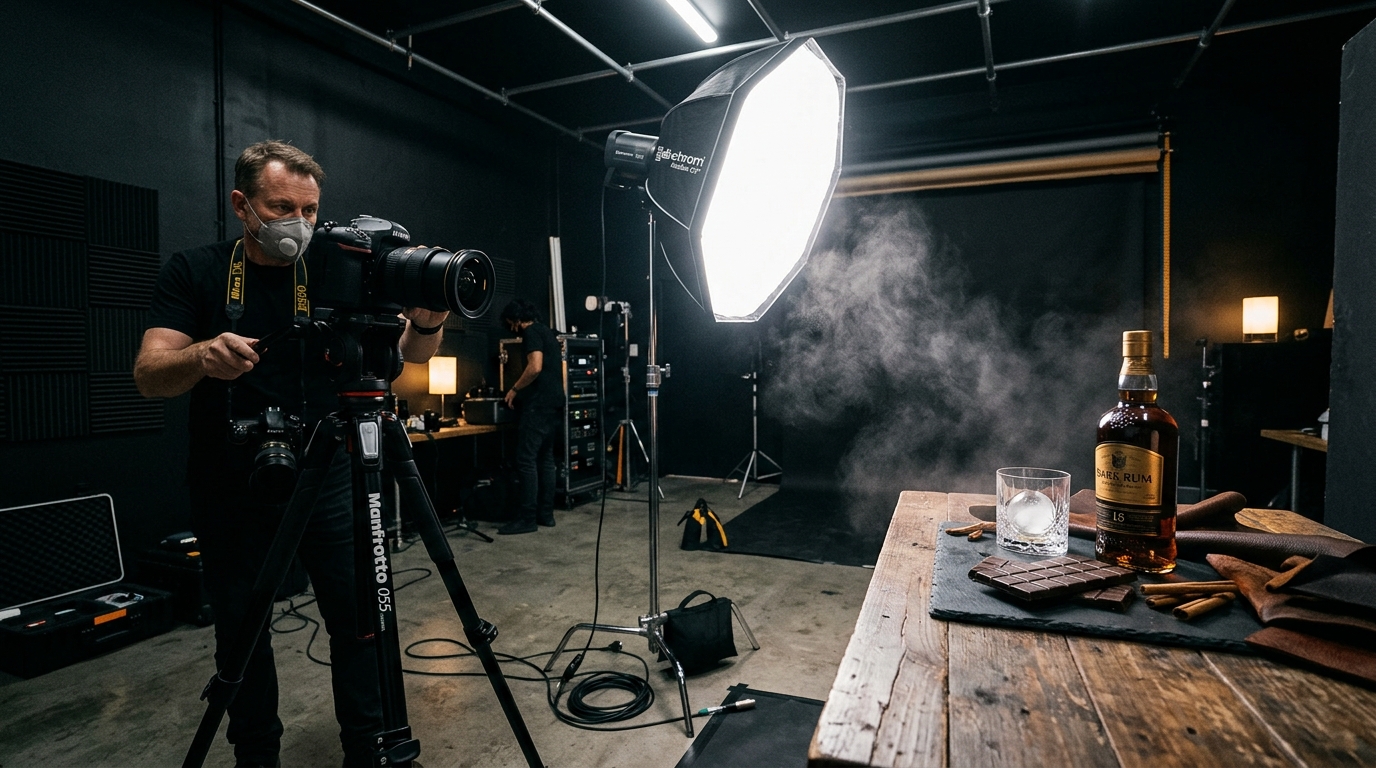 Commercial still life photography darkroom studio setup with multiple flash triggering in action