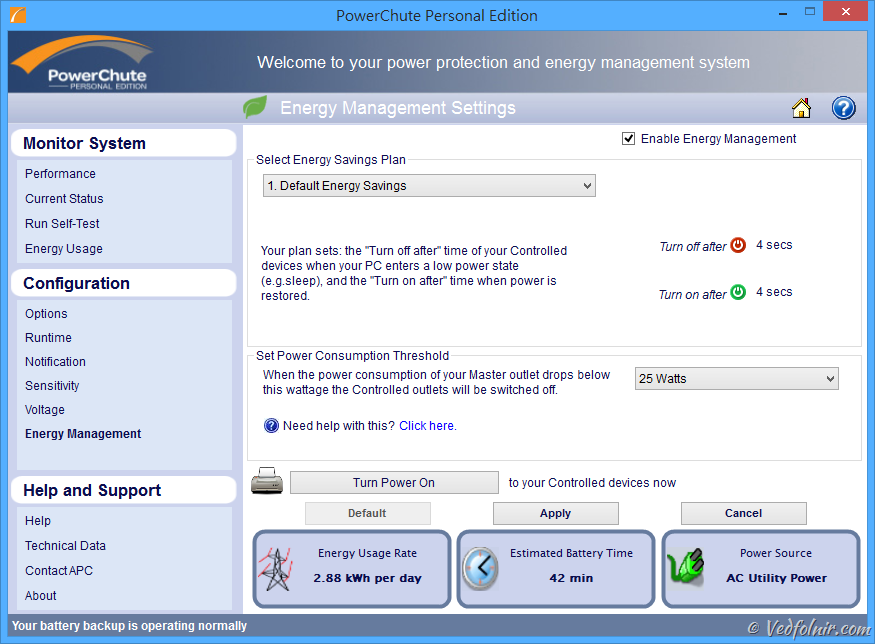 PowerChute 節能管理設定(Energy Management Settings)畫面
