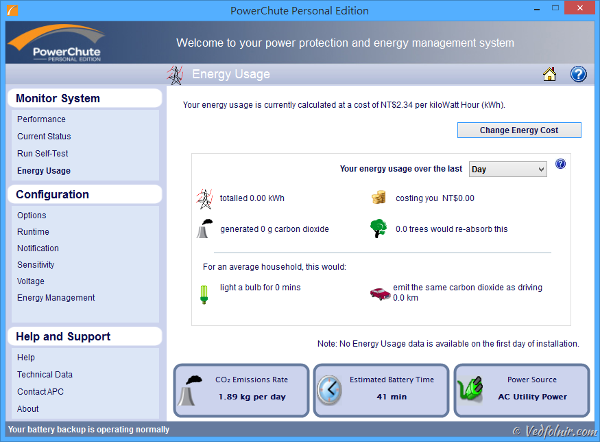 PowerChute 能源使用(Energy Usage)資訊頁面