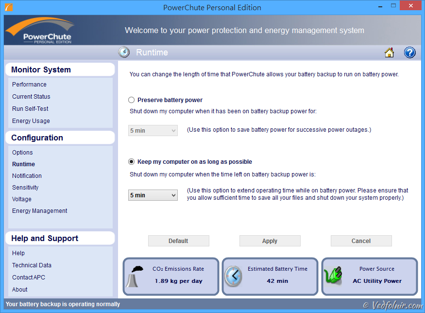 PowerChute Runtime 自動關機時間設定畫面
