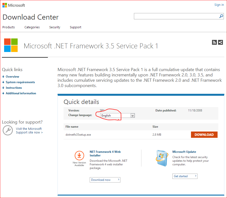 圖一,Microsoft .NET Framework 3.5 Service Pack 1 官網。